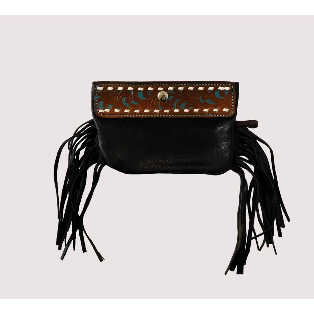 Leather Fringe Wallet Small Clutch Purse Western Black Brown Blue Snap - Picture 2 of 7